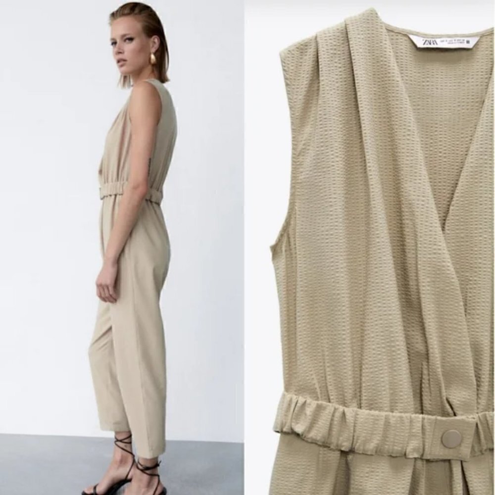 New Zara Textured Linen Blend V-Neck Sleeveless Belted Tan Jumpsuit NWT Small